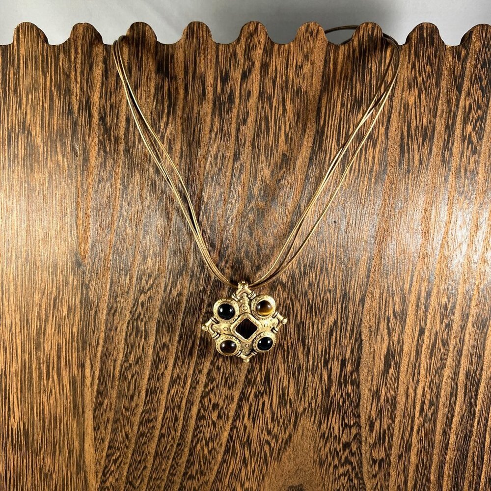 Bronze Pendant Necklace With Tiger Eye & Black Onyx Accents On Multi-Strand Cord - Picture 2 of 3